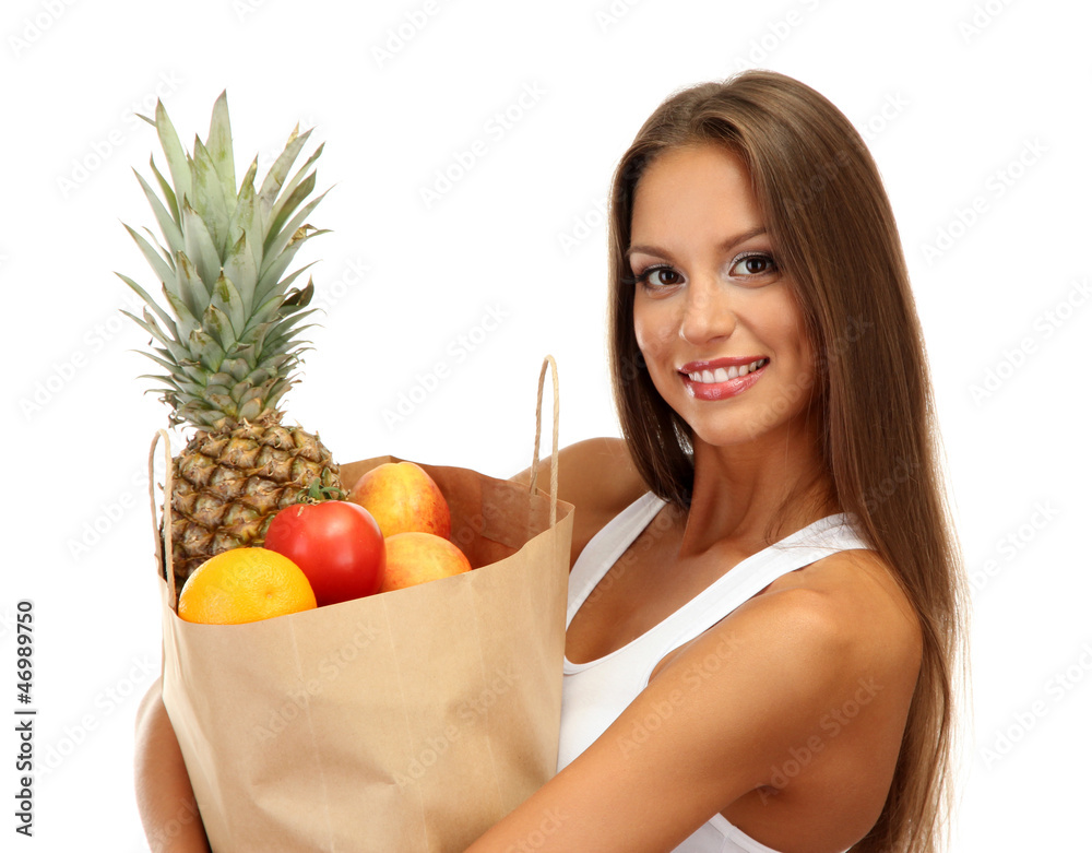 beautiful young woman with fruits in shopping paper bag, beautiful young woman with fruits in shopping paper bag,