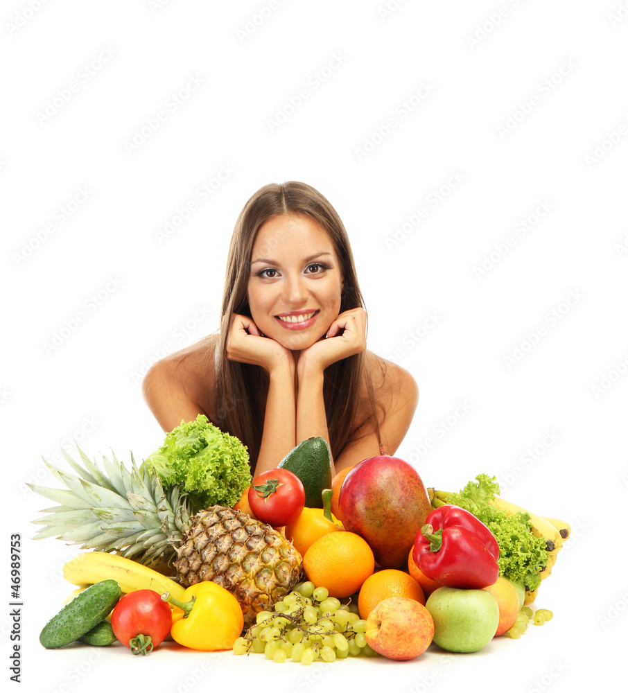 beautiful young woman with fruits and vegetables, isolated beautiful young woman with fruits and vegetables, isolated