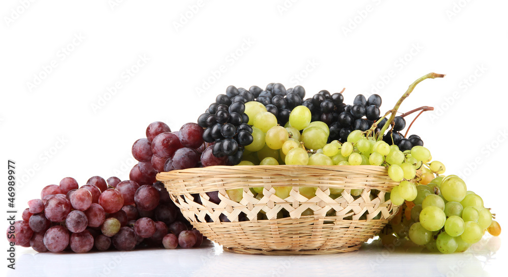 assortment of ripe sweet grapes in basket, isolated on white. assortment of ripe sweet grapes in basket, isolated on white.