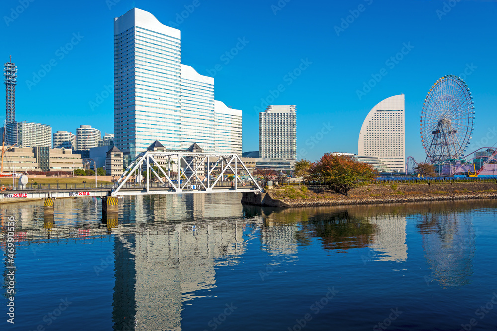 View of Yokohama marina across the water in Yokohama, Japan.