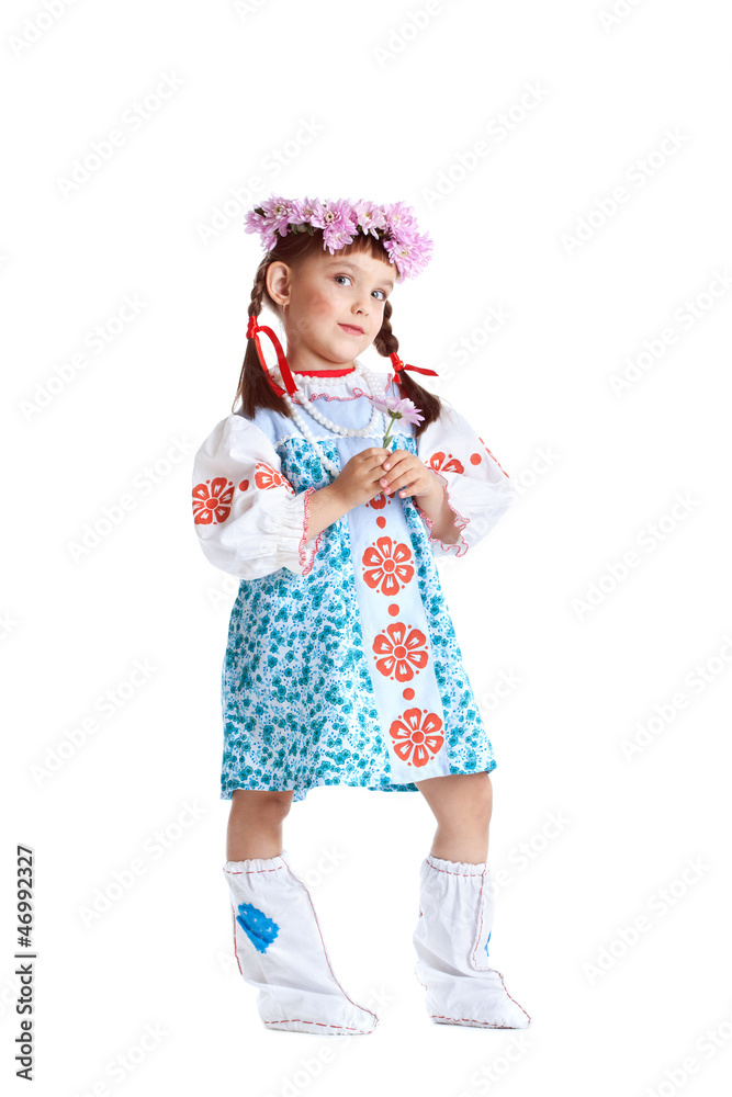 Little girl in slavic costume stand isolated Little girl in slavic costume stand isolated