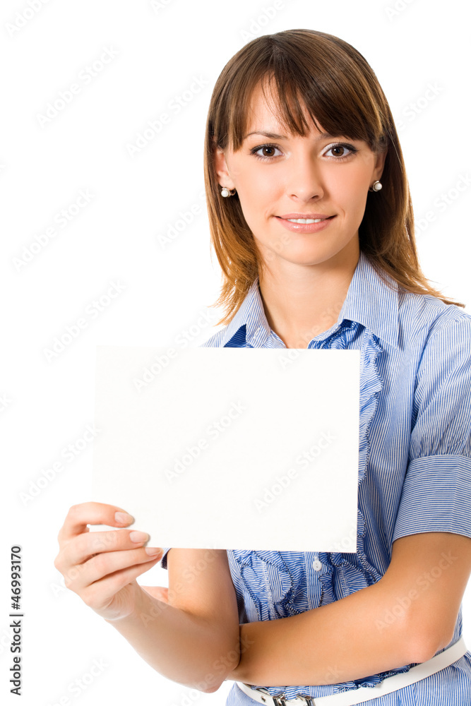 Happy businesswoman showing blank signboard Happy businesswoman showing blank signboard