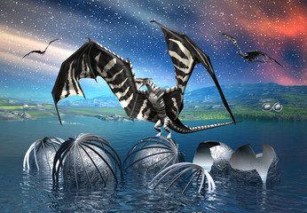 Fotobehang Draken Machtige draak in fantasietafereel  © diversepixel