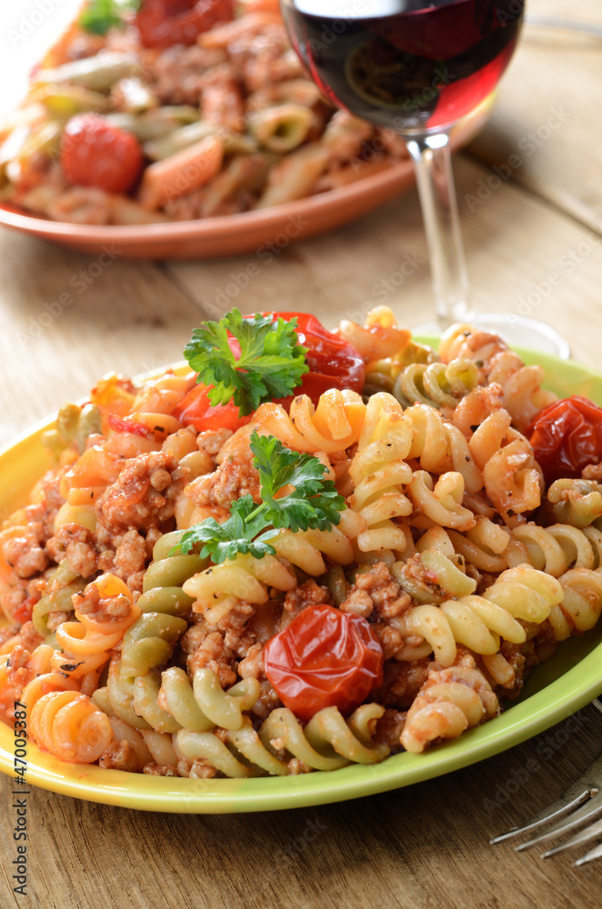 Pasta fusilli with bolognese Pasta fusilli with bolognese