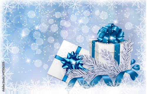 Christmas blue background with gift boxes and snowflake. Vector