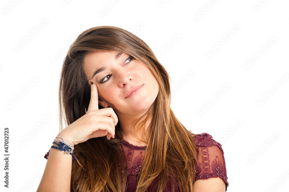 Young woman gazing into the distance on a white background Young woman gazing into the distance on a white background