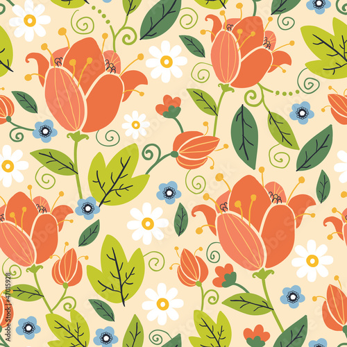 Vector colorful spring tulips seamless pattern with hand drawn