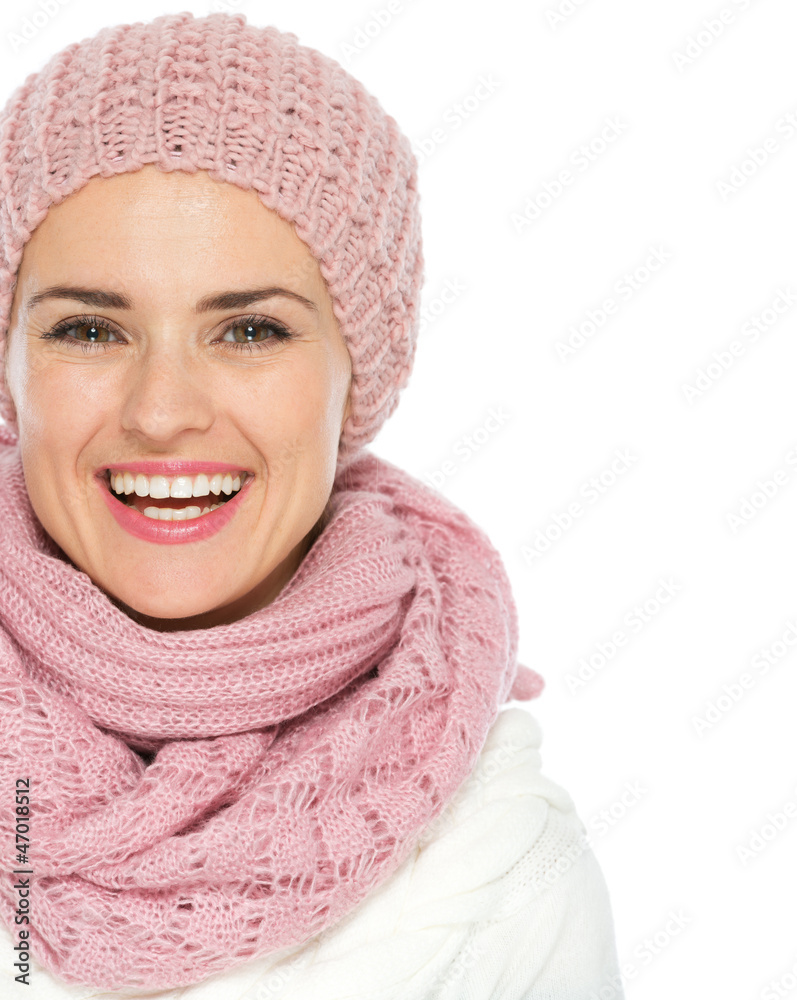 Closeup on smiling woman in knit winter clothes Closeup on smiling woman in knit winter clothes
