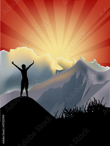 woman on peak in mountaines at sunset