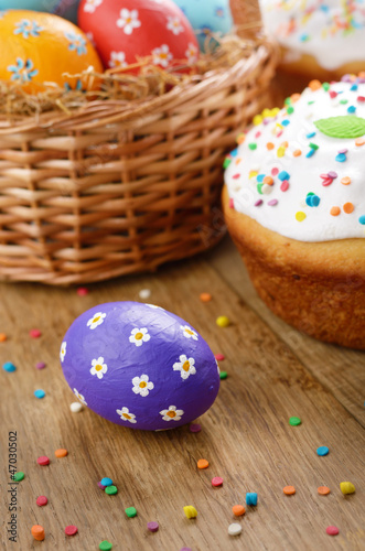 Easter eggs, cake, basket
