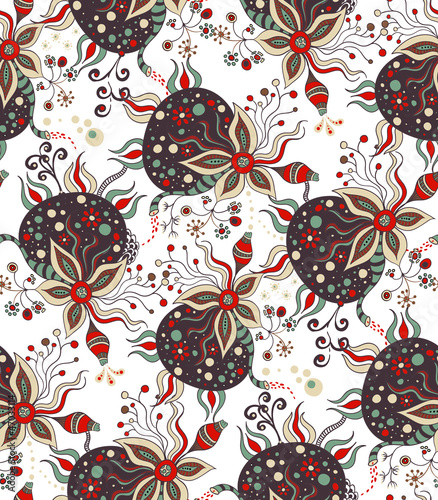 Seamless abstract handdrawn waves and flowers pattern