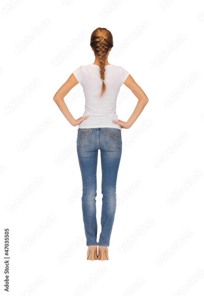 rear view of woman in blank white t-shirt rear view of woman in blank white t-shirt