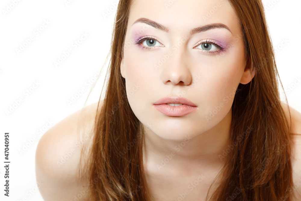 Woman pefect beauty face closeup with clean skin and pink soft m Woman pefect beauty face closeup with clean skin and pink soft m