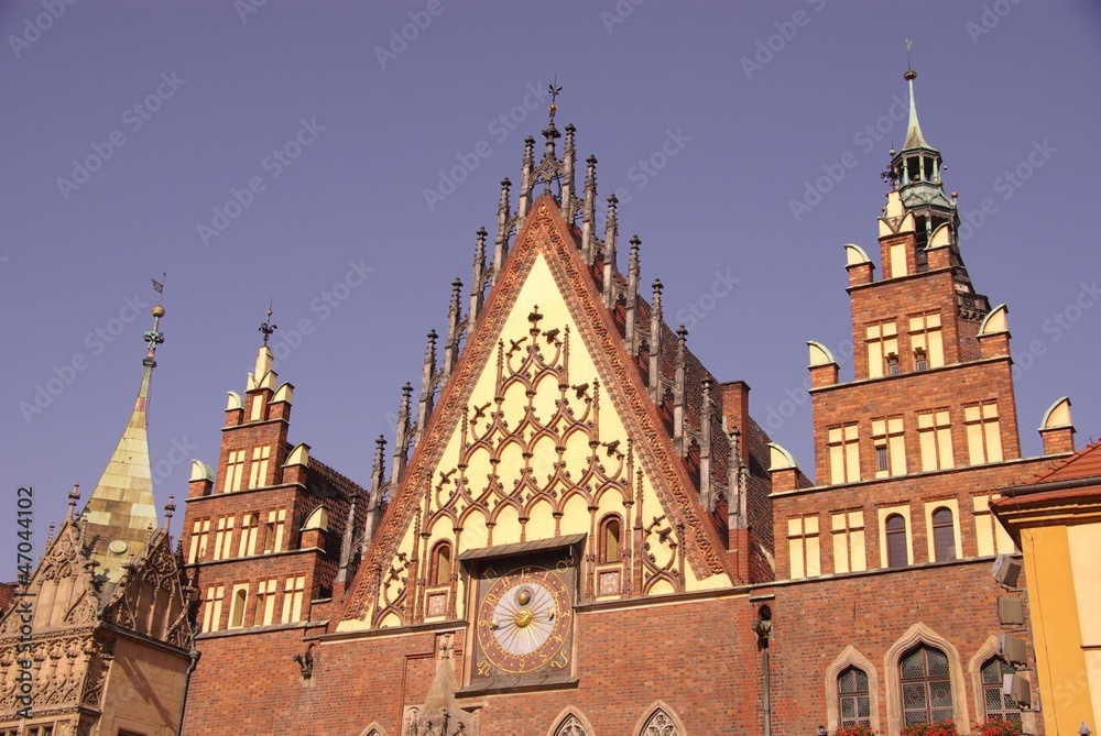 A detail of the historic city hall in Wroclaw in Poland