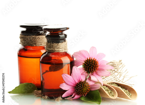 Fototapeta Naklejka Na Ścianę i Meble -  medicine bottles with purple echinacea , isolated on white