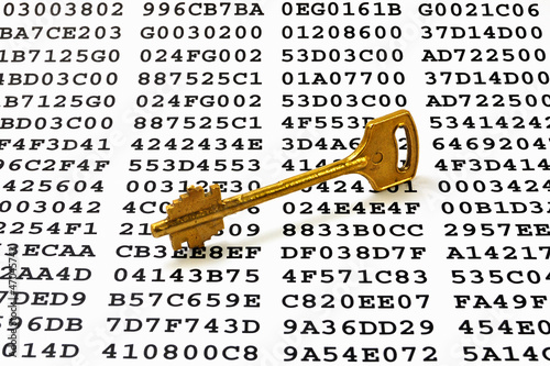 Golden key on a sheet with encrypted data