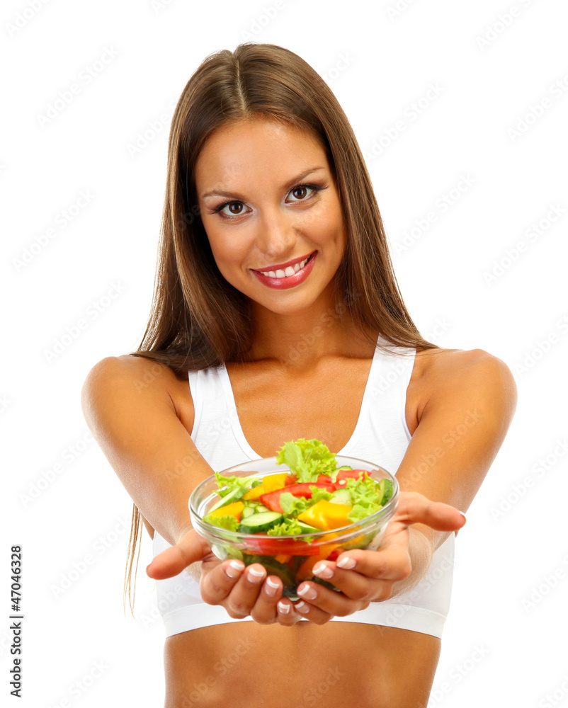 beautiful young woman with salad, isolated on white beautiful young woman with salad, isolated on white