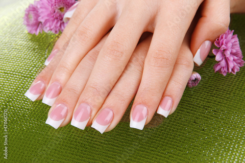 Woman hands with french manicure and flowers on green