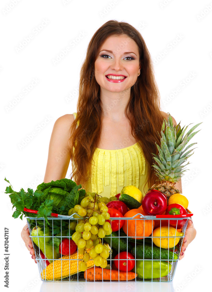 Beautiful woman with healthy food in metal basket isolated Beautiful woman with healthy food in metal basket isolated