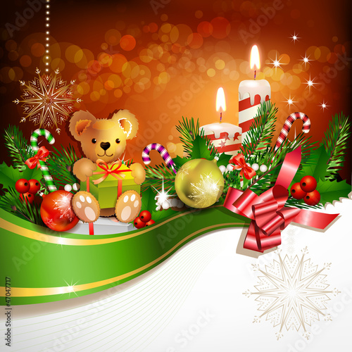 Christmas decoration with candles , pine tree and balls