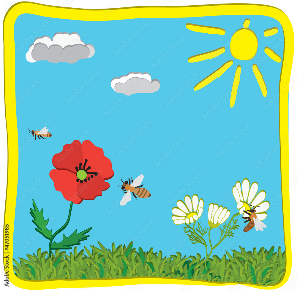 Childish greeting card with flowers,sun, bees