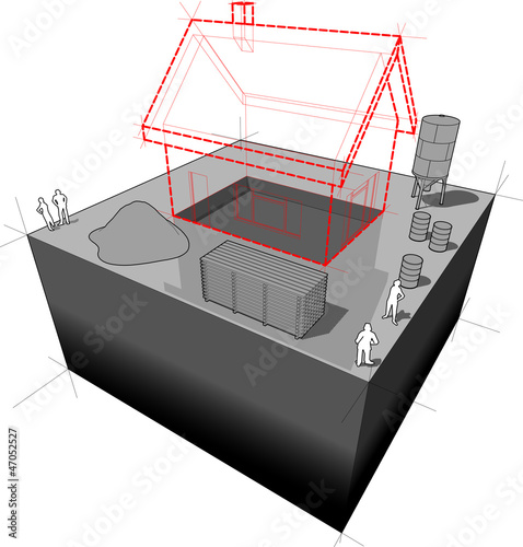 Vision of a simple detached house with construction equipment