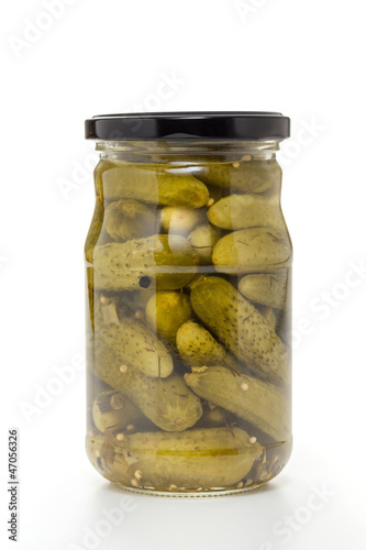 Pickled gherkins in glass jar