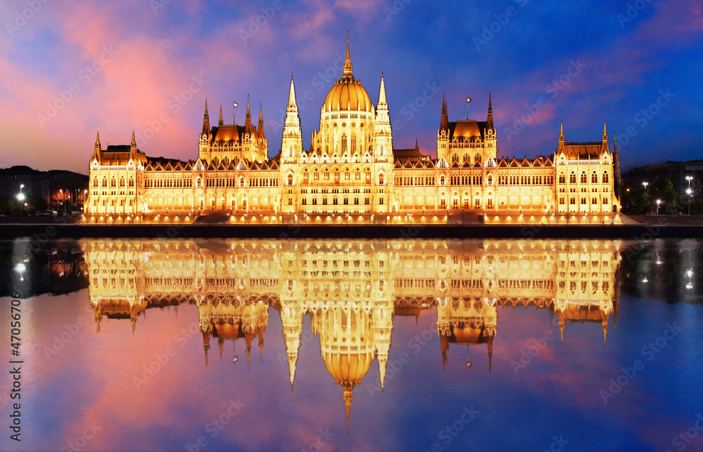 Budapest - Parliament.with reflection in Danube at night
