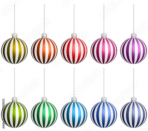 Bunte hängende Weihnachtskugeln mit Streifen, Vektor Set