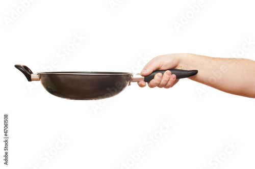 frying pan in hand on white background