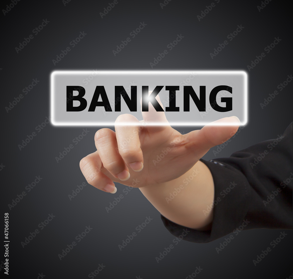 woman hand touching button banking keyword woman hand touching button banking keyword