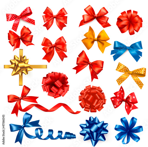 Big collection of color gift bows with ribbons. Vector illustrat