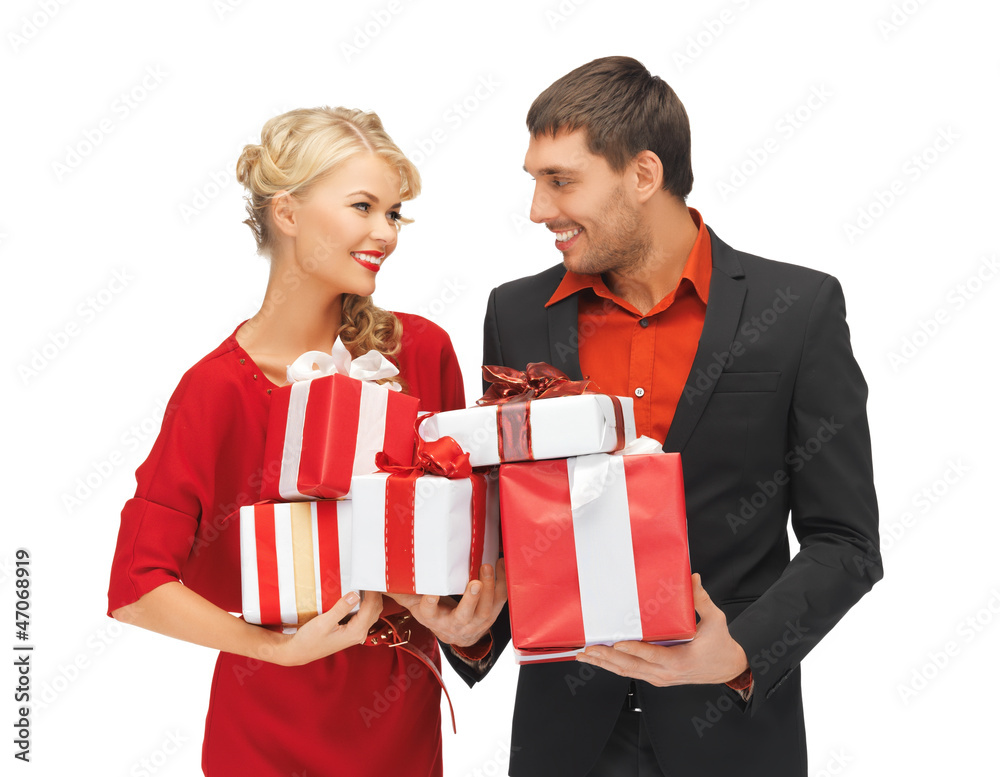 man and woman with gift boxes man and woman with gift boxes