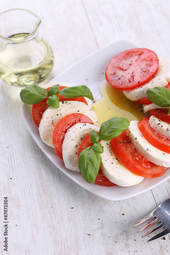 Tomato and mozzarella with basil leaves on a white plate