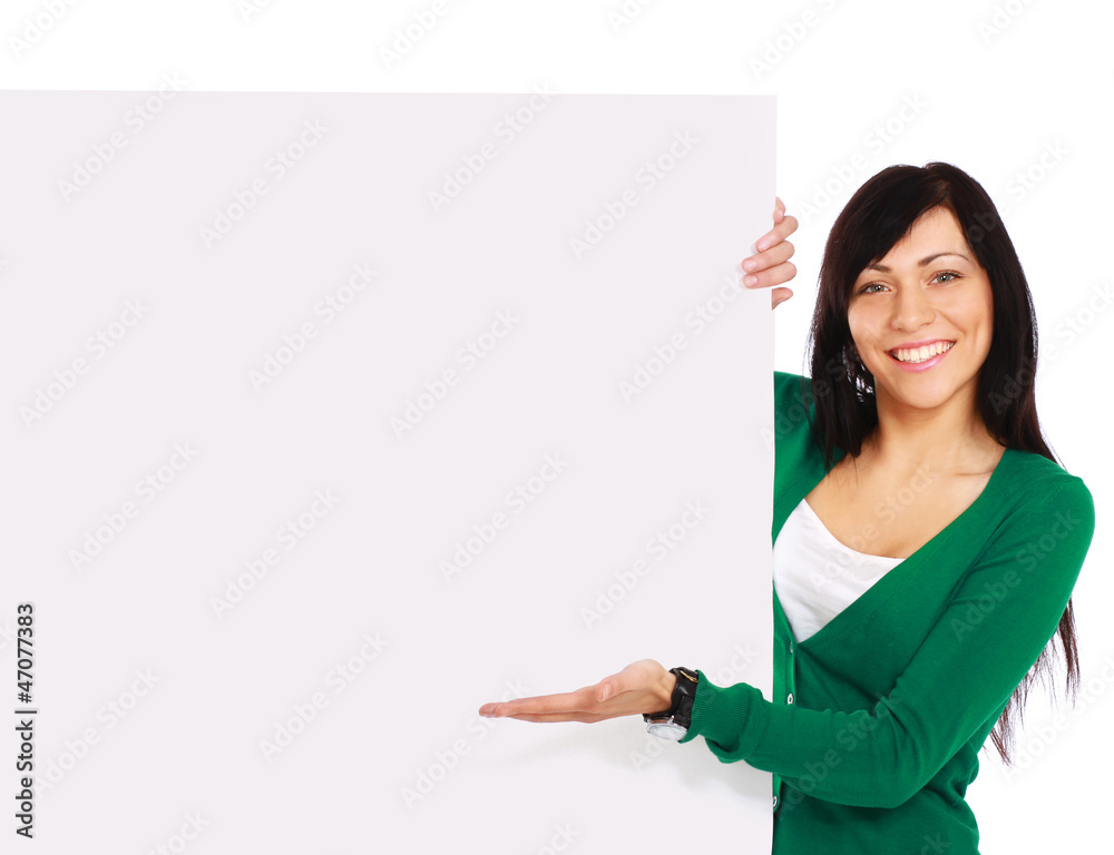 Young woman with blank board banner Young woman with blank board banner