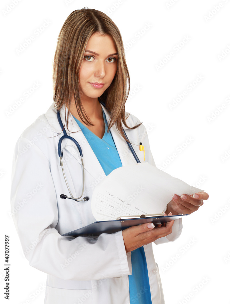 A female doctor with a folder, isolated on white background A female doctor with a folder, isolated on white background