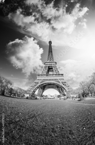 Fototapeta Naklejka Na Ścianę i Meble -  Dramatic Black and White view of Eiffel Tower, Paris