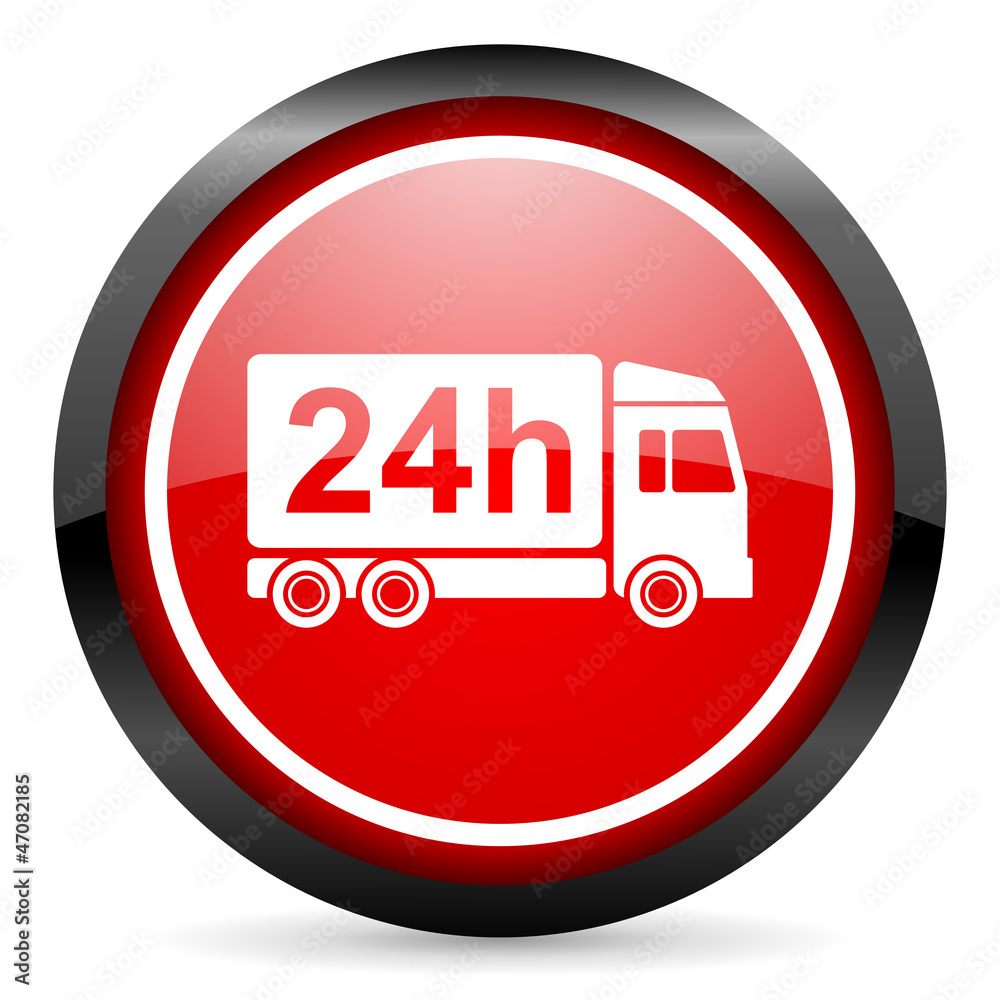 delivery 24h round red glossy icon on white background delivery 24h round red glossy icon on white background
