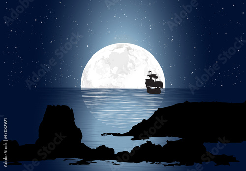 Half Moonlight With Sailboat