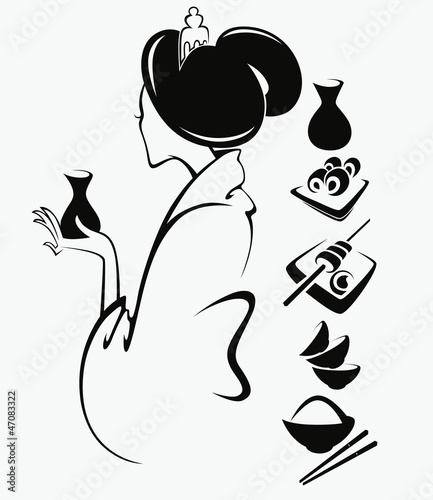 vector image of Japanese girl with traditional food