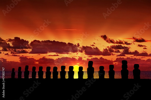 Fifteen moai at sunset in Easter Island photo