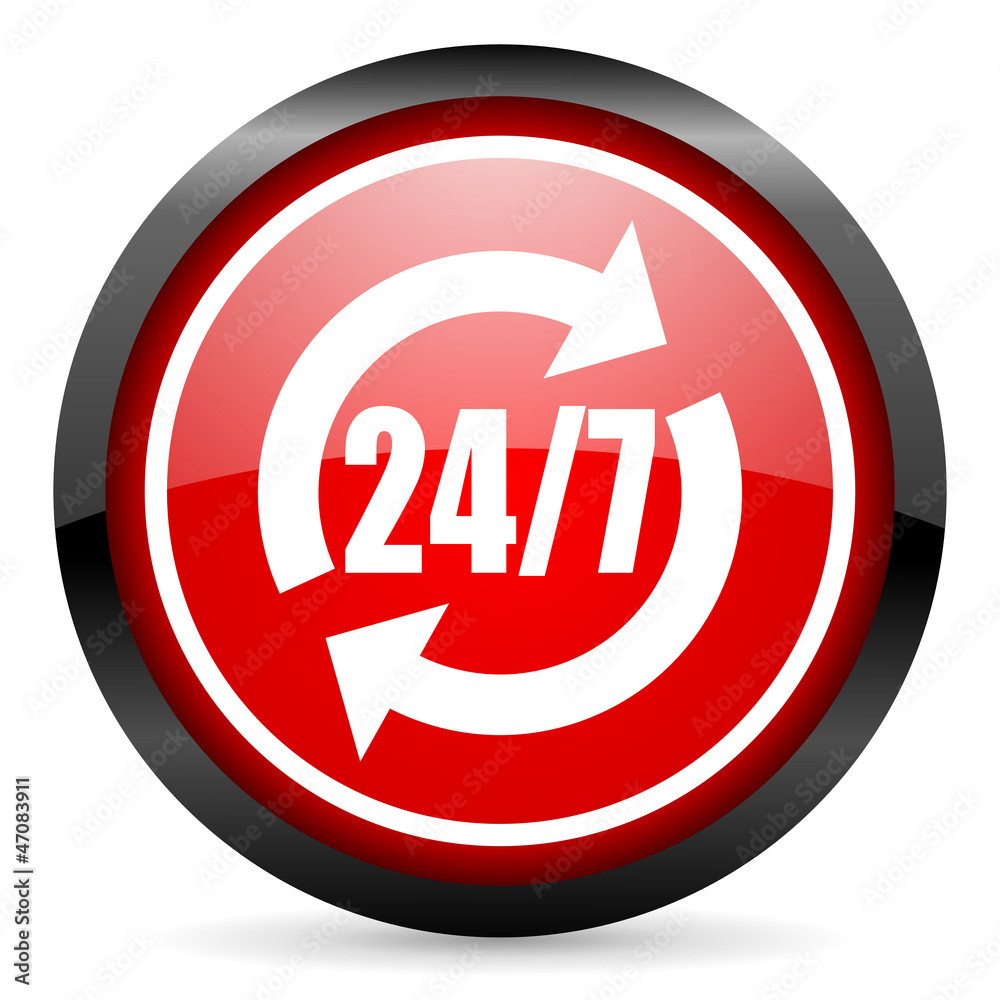 24/7 service round red glossy icon on white background 24/7 service round red glossy icon on white background
