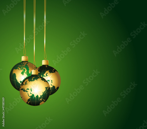 Global ornaments. Green and gold festive background.
