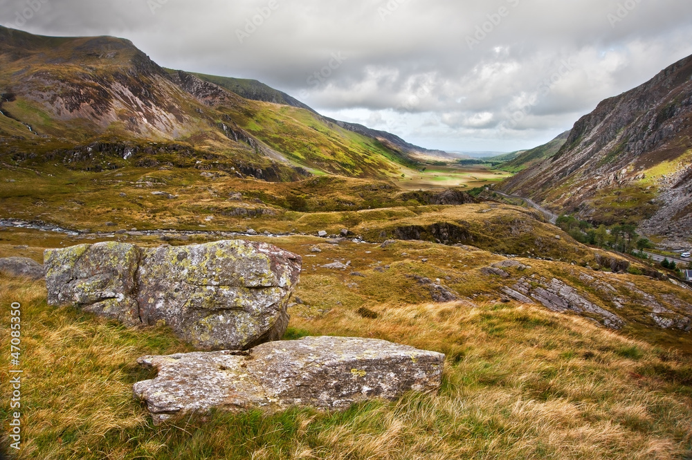 View along Nant Francon valley Snowdonia National Park landscape View along Nant Francon valley Snowdonia National Park landscape