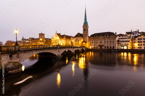 View of Zurich and Old City Center Reflecting in the river Limma