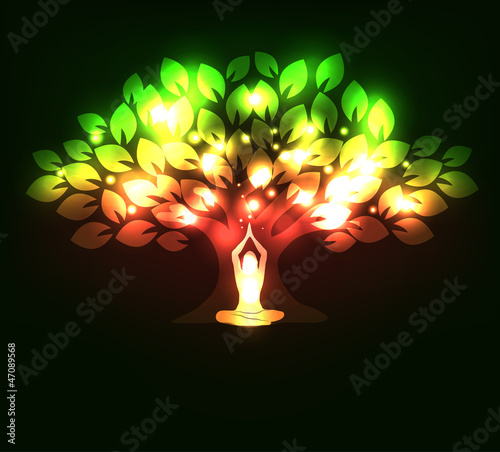 Beautiful sparkling tree and woman in yoga pose in the front.