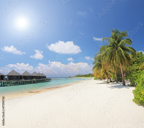 Fototapeta Naklejka Na Ścianę i Meble -  Sandy beach with palm trees and villa cottages at Maldives