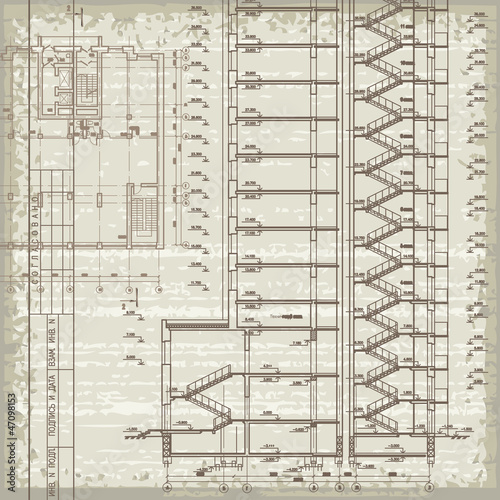 Grunge architectural background with plan and section. Eps10