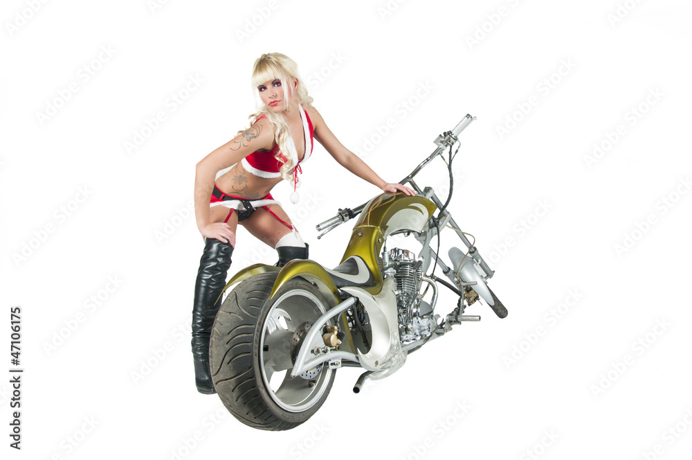 sexy frau als weihnachtsfrau mit high heels mit motorrad Stock Photo |  Adobe Stock