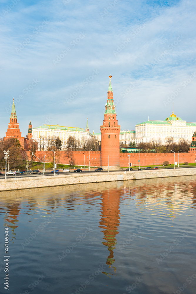 An embankment of Moscow Kremlin is in Russia. Sunset
